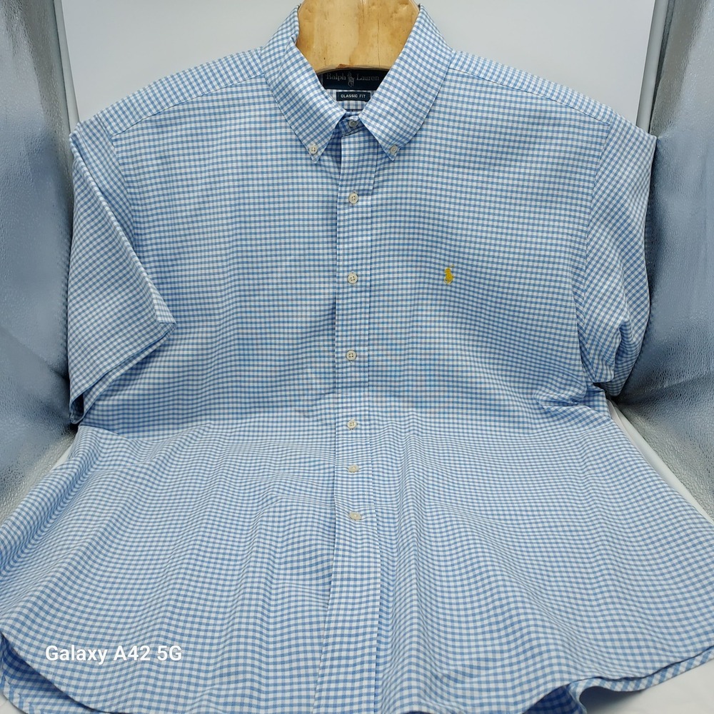 Ralph Lauren Mens XL Classic Fit Gingham Short Sleeve Button Down Shirt Bl/white - Picture 6 of 7